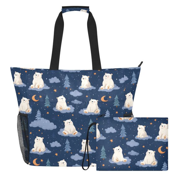Extra Large Polar Bear Cloud Tree Beach Bag for Women Waterproof Tote with Zipper Pockets