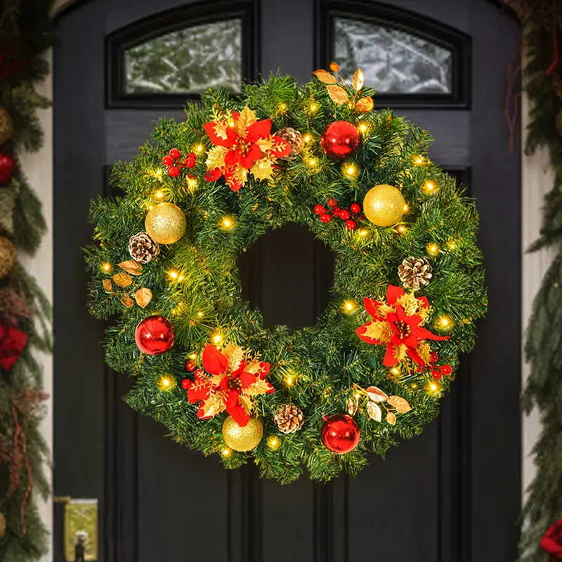 Extra Large Pre-lit 24inch 8 Modes Christmas Wreath Artificial Deluxe Lighted Christmas Wreath Decorations Ornament with LED Lights Door Window Fireplace Decor Timer Function