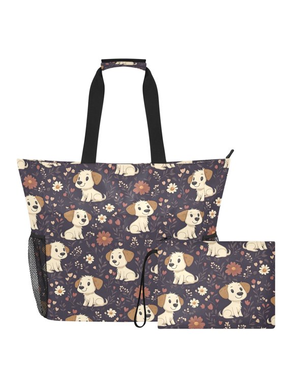 Extra Large Puppy Flower Dark Beach Bag for Women Waterproof Tote with Zipper Pockets