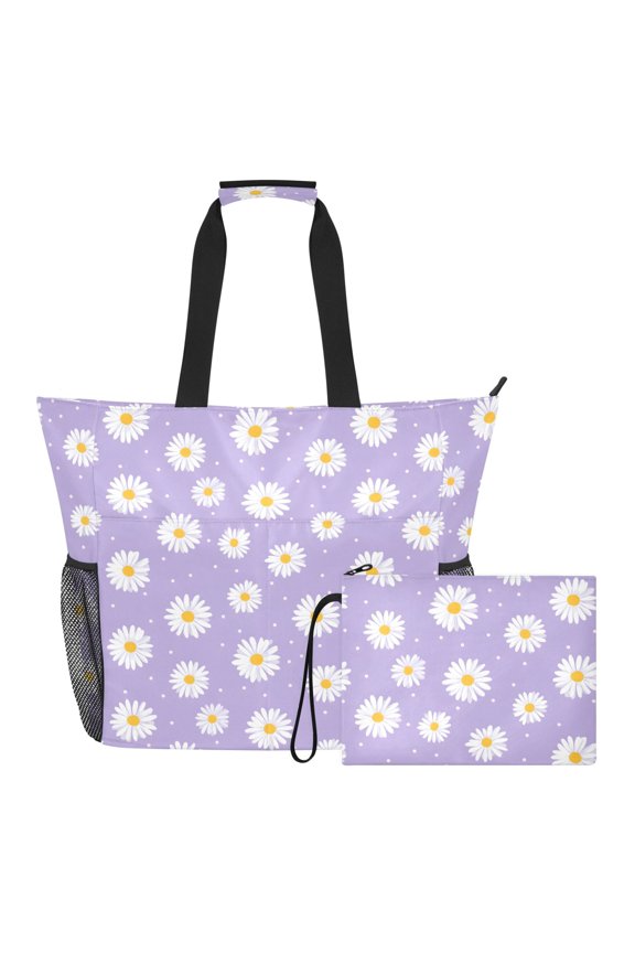 Extra Large Purple Background Daisy Beach Bag for Women Waterproof Tote with Zipper Pockets