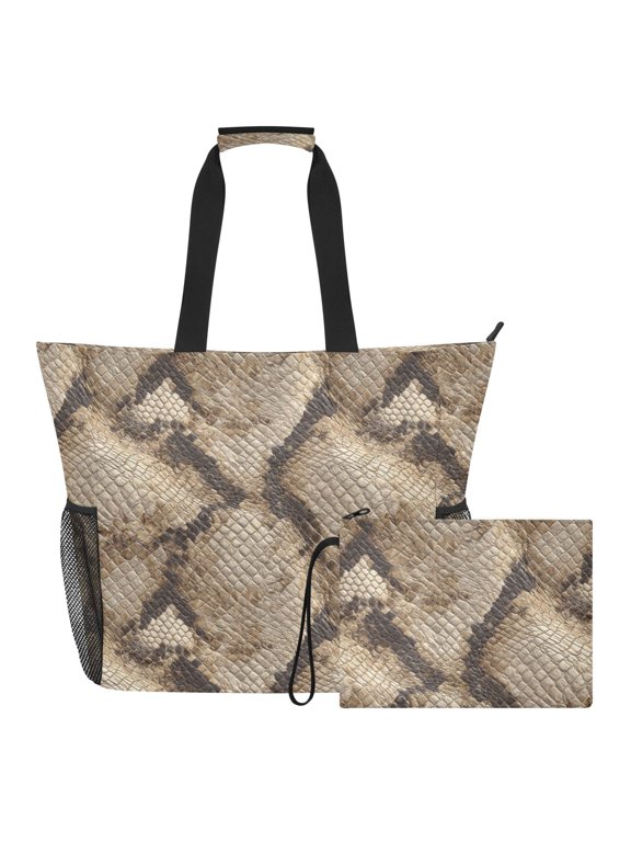 Extra Large Python Skin Beach Bag for Women Waterproof Tote with Zipper Pockets