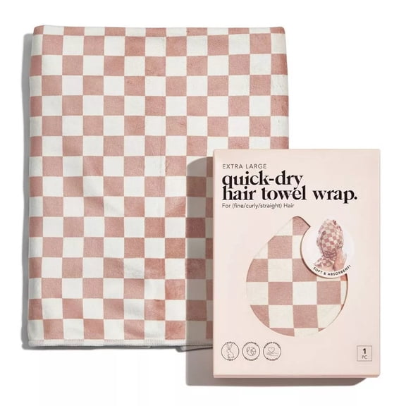 Extra Large Quick-Dry Hair Towel Wrap - Terracotta Checker
