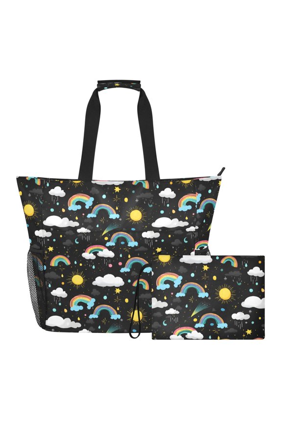Extra Large Rainbow Rain Beach Bag for Women Waterproof Tote with Zipper Pockets