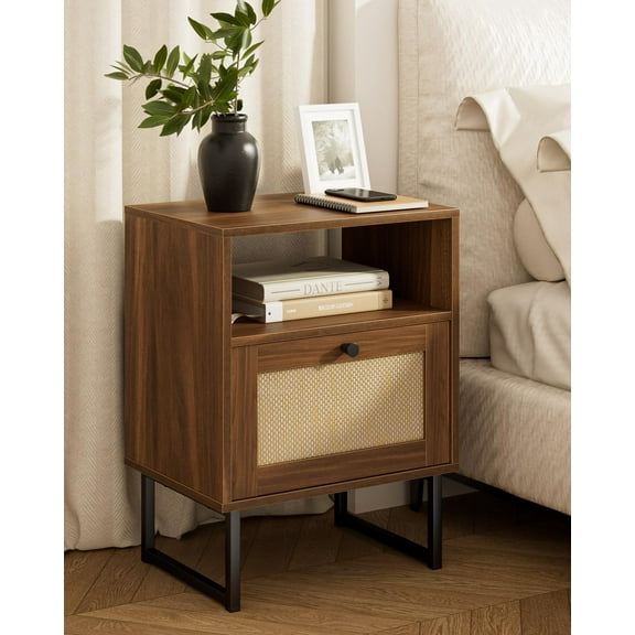 Hltser Extra Large Rattan Nightstand Boho Night Stand Modern Farmhouse Wood Bedside Table with Storage Drawer and Open Shelf Side End Table for Bedroom Living Room Office White