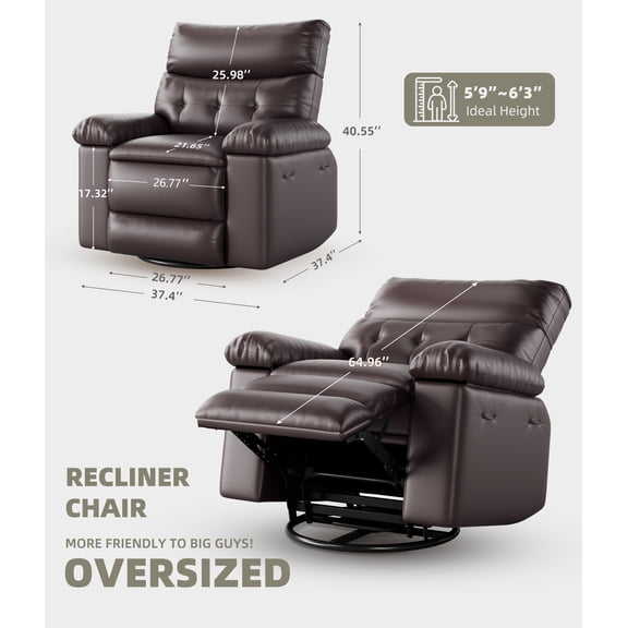 Extra Large Recliner Chair with 360° Swivel Rocker Base – Manual Reclining Lounge Chair for Family Rooms, Bedrooms, or Reading Nooks – Premium Leather Look, Wide Seat, Easy Operation