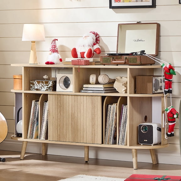 Extra Large Record Player Stand, Vinyl Record Storage Cabinet with Charging Station, Mid Century Modern Turntable Stand for Living Room, Natural Oak