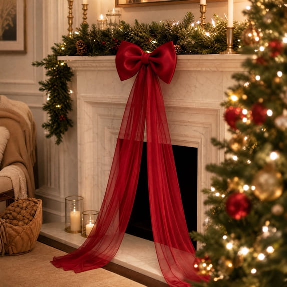 Extra Large Red Christmas Bow Decoration with Long Tulle Streamers for Window Display Party and Christmas Tree Holiday Decor 23.62 x 78.74 Inch