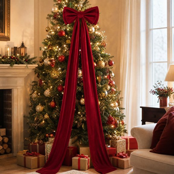 Extra Large Red Velvet Christmas Tree Topper Bow Gold Wired Edge Big Decorative Bow With Long 74 Inch Streamers For Wreath Door Holiday Party Decoration