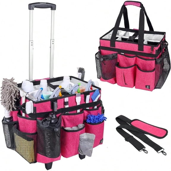 Extra Large Rolling Cleaning Caddy Bag with Detachable Foldable Trolley Portable Cleaning Cart for Housekeeping Cleaning Caddy with Adjustable Shoulder Strap and Multiple Storage Pockets