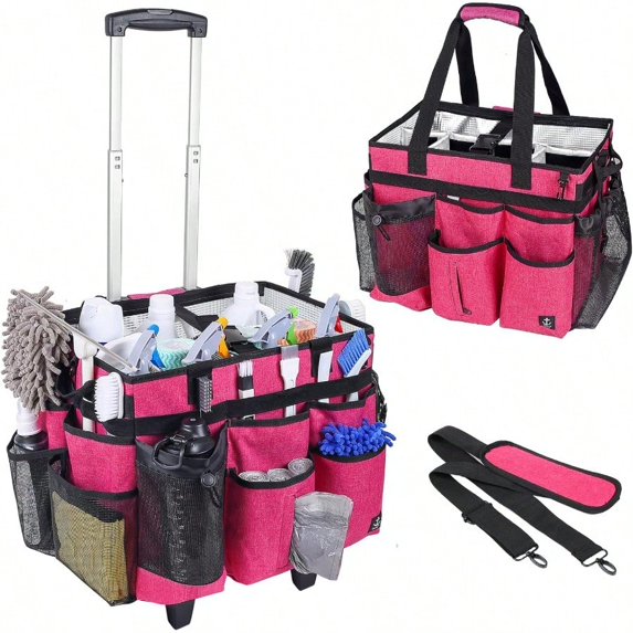 Extra Large Rolling Cleaning Caddy Bag with Detachable Foldable Trolley Portable Cleaning Cart for Housekeeping Cleaning Caddy with Adjustable Shoulder Strap and Multiple Storage Pockets