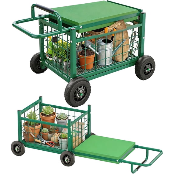 Extra-Large Rolling Garden Cart and Kneeler, 2026 Heavy Duty Gardenning Cart with Seat and Kneeler - Garden Rolling Stools with Wheels for Seniors, Lawn, Patio & Backyard Gardening, Green