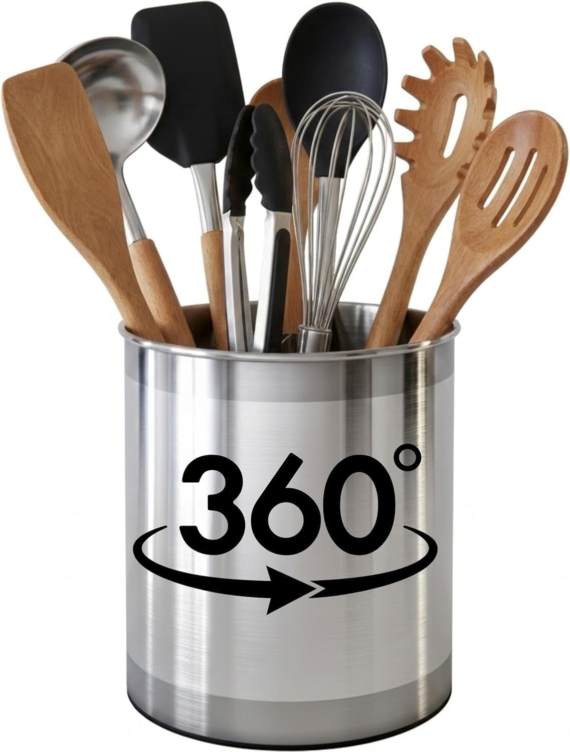 Extra Large Rotating Stainless Steel Utensil Holder with Weighted Base, Removable Divider and Non-Slip Insert