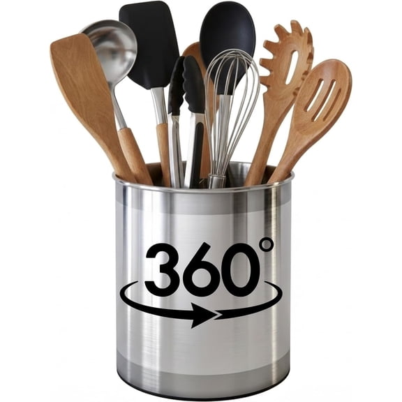 Extra Large Rotating Stainless Steel Utensil Holder with Weighted Base, Removable Divider and Non-Slip Insert