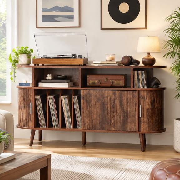 Extra Large Round Record Player Stand with Charging Station, Mid Century Modern Fluted Turntable Cabinet for Living Room