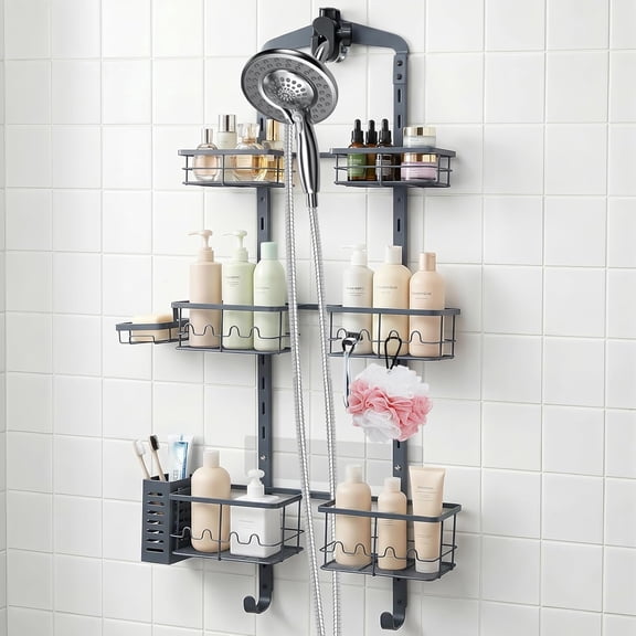 Extra Large Rust-Resistant Shower Caddy Hanging, 3 Tier Adjustable Over the Head Shower Organizer Rack with Soap Basket, Gray