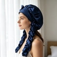 thumbnail image 1 of Extra Large Satin Bonnet, Adjustable Silk Sleep Cap for Braids & Curly Hair, Long Hair Protection Cap for Styling, Reduces Frizz & Breakage While Sleeping, Navy, 1 of 5