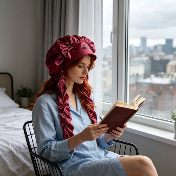 Extra Large Satin Bonnet, Adjustable Silk Sleep Cap for Braids & Curly Hair, Long Hair Protection Cap for Styling, Reduces Frizz & Breakage While Sleeping, Wine