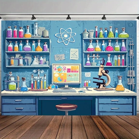 Extra Large Science Lab Themed Polyester Backdrop, Beaker Test Tube Atomic Element Print Fabric Background for Science Fair, Birthday, Wedding, Photo Booth with Clear High 82.6x59 Inch