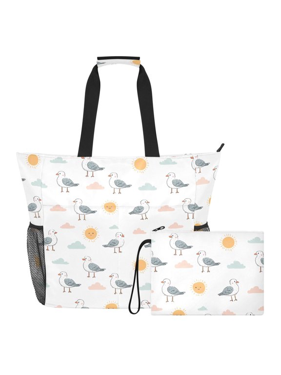 Extra Large Seagull Cloud Sun Beach Bag for Women Waterproof Tote with Zipper Pockets