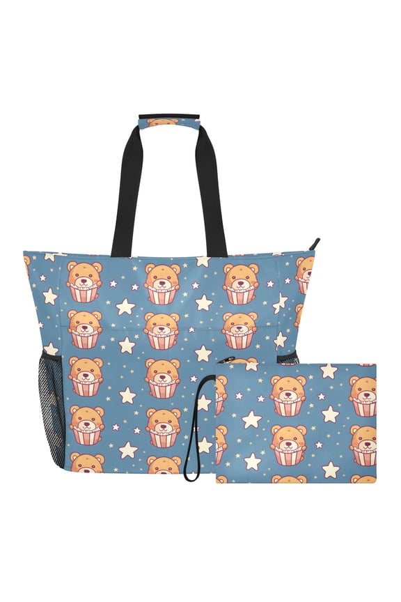 Extra Large Seamless Of Cute Teddy Bear Beach Bag for Women Waterproof Tote with Zipper Pockets