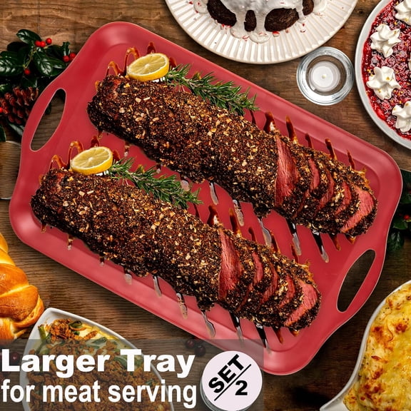 Extra Large Serving Tray with Handles, 20x13 inch, Set of 2 Melamine Platters for Serving Food, Red