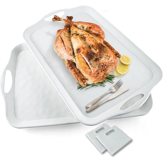 Extra Large Serving Tray with Handles, 20x13 inch, Set of 2 Melamine Platters for Serving Food, Turkey, Cookie, Rectangular Trays for Eating, Raised Dots Matt Finished, Dishwasher Safe, White