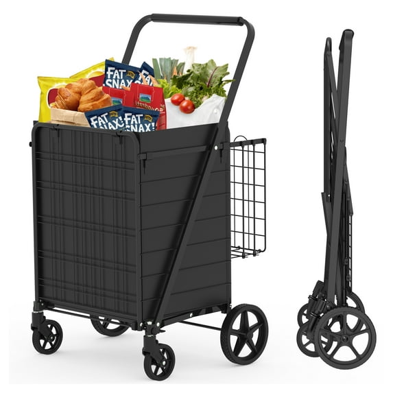 Extra Large Shopping Cart,Grocery Cart on Wheels, Foldable Utility Shopping Carts with Double Basket and 360° Rolling Swivel Wheels for Groceries Laundry