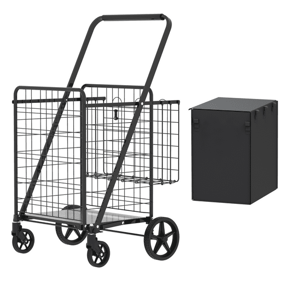 Extra Large Shopping Cart with Double Basket, Foldable Utility Grocery Cart Featuring 360 Swivel Wheels, Ideal for Groceries, Laundry and Daily Use