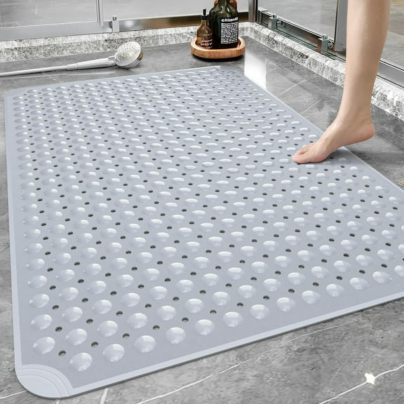 Extra Large Shower Mat, 34.3" L x 23.3" W TPE Anti Slip Stand Up Shower Mat with Drain Holes and Suction Cups, Large Size Mat More Suitable for Shower Stall, No Odor, Heavy Mat