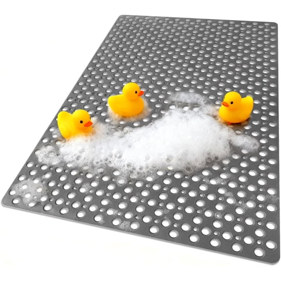 Extra-Large Gray Non-Slip Shower Mat, 47 x 32 Inch Rectangular TPR Floor Mat with Suction Cups and Drain Holes, Machine Washable