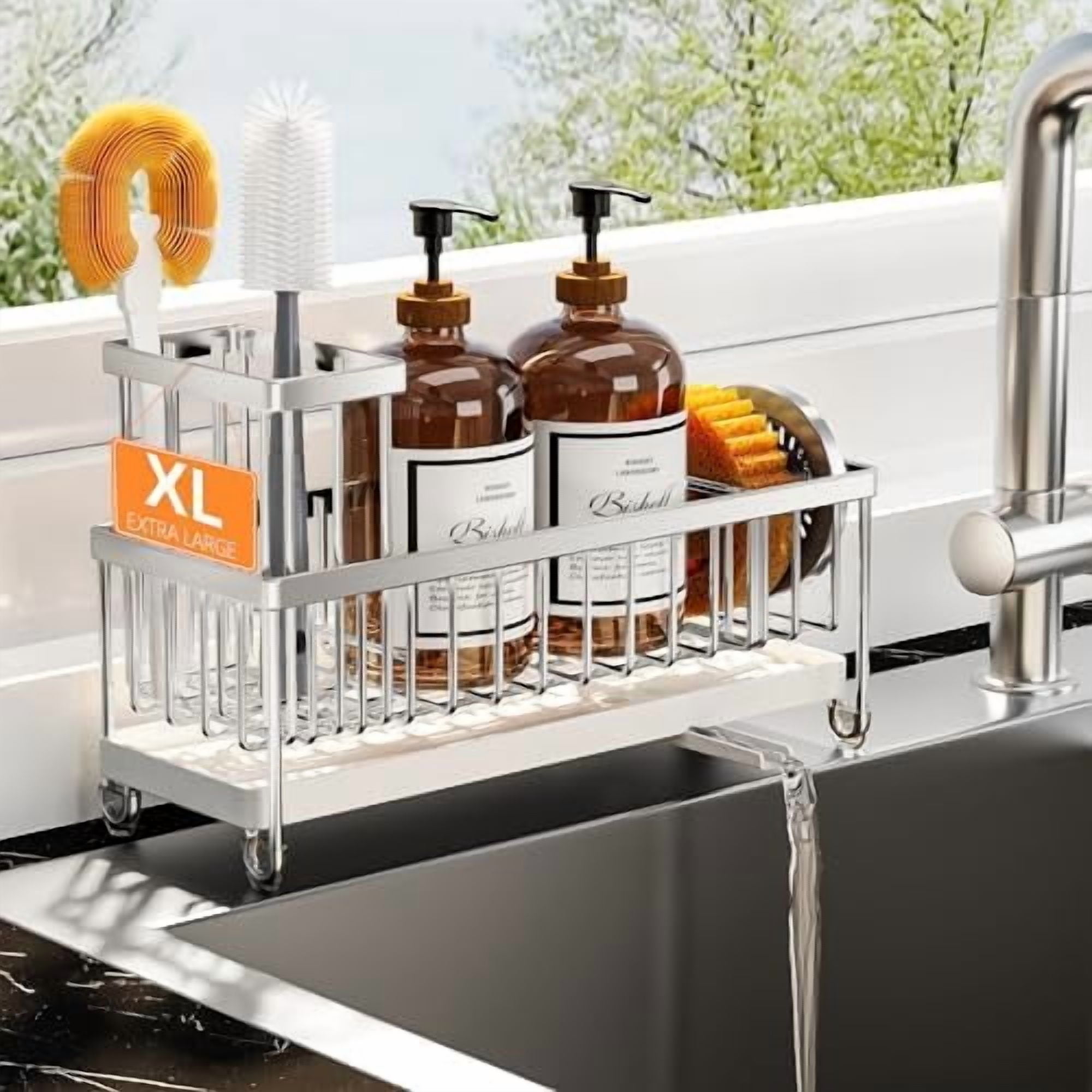 Extra Large Silver Sponge Holder for Kitchen Sink, Sink Caddy Organizer ...
