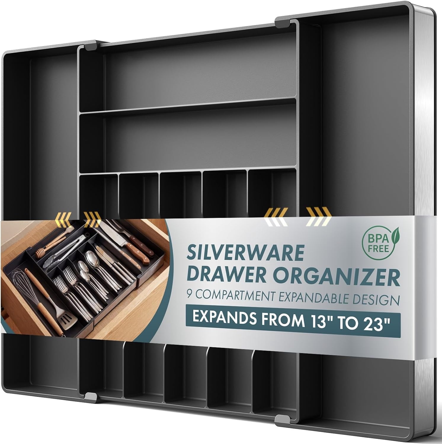 Extra Large Silverware Organizer, Slot Expandable Kitchen Drawer Organizer, Utensil Holder, Heavy Duty Stainless Steel Frame Silverware Drawer Organizer