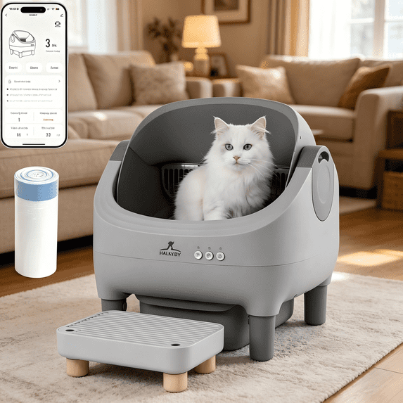 Extra Large Self-Cleaning Cat Litter Box, App Controlled Open Top Automatic Litter Box with Raised Step, Dual Odor Removal & Ambient Light, 2 Weeks Maintenance-Free Waste Bin for Multi-Cat Households
