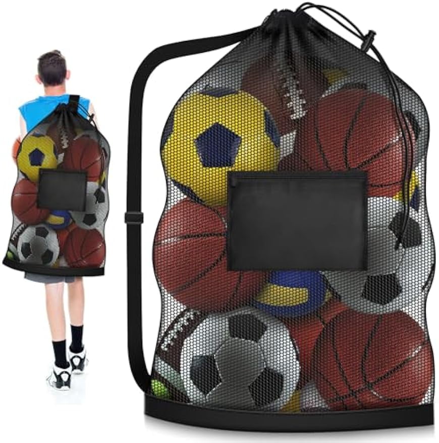 Iayokocc Mesh Drawstring Ball Bag With Carabiner - 12x10 Inch For Soccer, Basketball, Volleyball