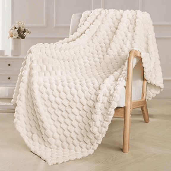 Extra Large Soft Fleece Throw Blanket, 50x70 Inches 3D Clouds Stylish Jacquard Throw Blanket for Couch, Cozy Soft Lightweight for All Season, Ivory Blanket