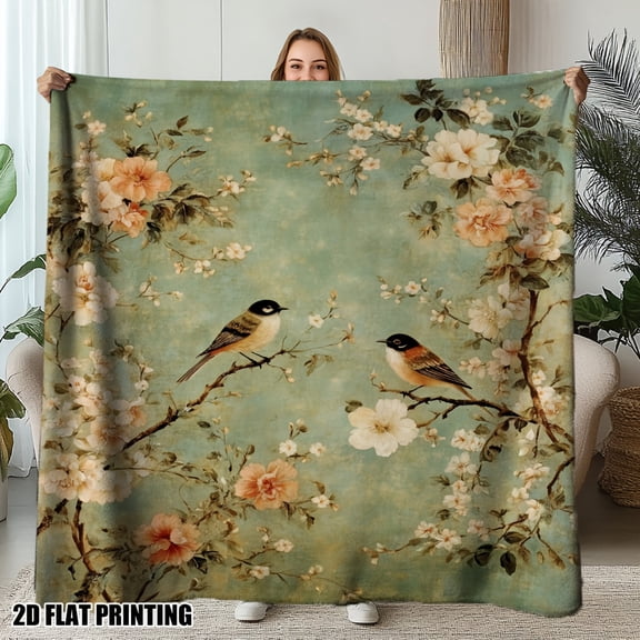 Extra Large Soft Plush Flannel Throw Blanket - Turquoise Green Vintage Floral Birds Print, Muted Pink Beige Green - All Season Bedspread Sofa Cover