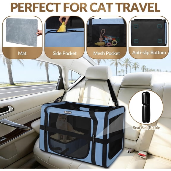Extra Large Soft Sided Cat Carrier with Litter Box for Car Travel, Collapsible Pet Bag for Large Cats up to 55LBS, Blue