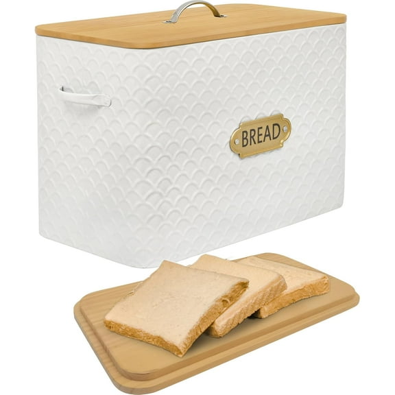 Extra Large Space Saving Farmhouse Bread Box With Wood Lid - Holds 2 Loaves - Vertical Breadbox Bread Storage Bin Holder for Kitchen Countertop, White
