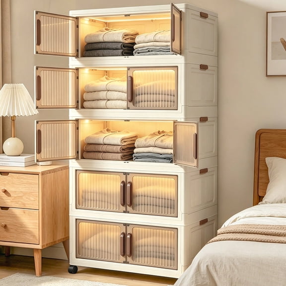 [Extra Large] Space Saving Storage Cabinet, Stackable Storage Boxes, 2/4/5Tier Foldable Storage Cabinet With Wheels&Lids, Lidded Storage Bins Organizer For Entrance, Corridor, Bedroom, Wardrobe,