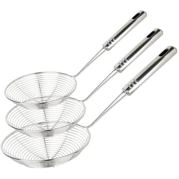 Extra Large Spider Strainer Skimmer Spoon for Frying and Cooking - Set of 3 Stainless Steel Wire Pasta Strainer with Long Handle, Professional Kitchen Skimmer Ladle