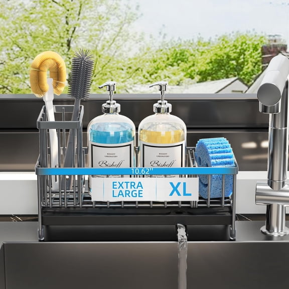 Extra Large Sponge Holder for Kitchen Sink Organizer Caddy, Dish Brush Scrubber Holder,Stainless Steel Sink Box Utensil Holder,Soap Dispenser Set Tray Counter Accessories & Storage Rack