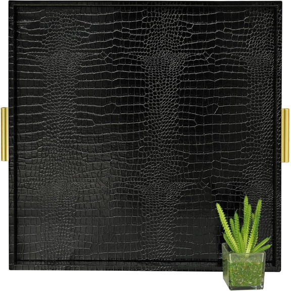 Extra Large Square Faux Leather Serving Tray with Gold Hardware Handles 24 x 24 Inches Black Croco