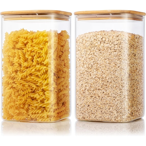 Extra Large Square Glass Flour & Sugar Storage Containers with Airtight Lids, 168oz 2 Pack Glass Jars with Bamboo Lids, Air tight Pantry Food Storage Containers for Cereal, Pasta, Rice Organizers