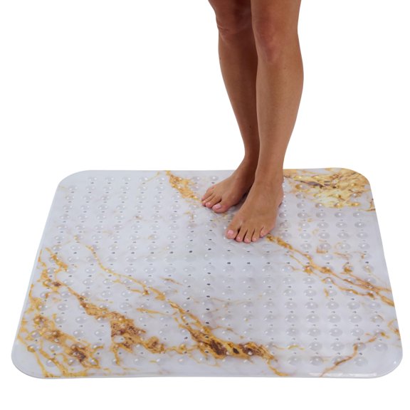 Extra Large Square Non Slip Shower Mat - 31 X 31-inch Xl Bathroom Matts For Stall Floors | Sesuction Cups And Drain Holes (31x31 Marble White)