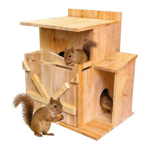Extra-Large Squirrel House with Porch - Two-Story Handmade Solid Wood Outdoor Nesting Box for Squirrels & Chipmunks | Easy to Install on Tree Fence or Garden