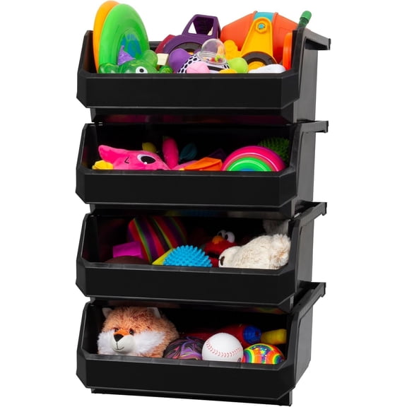 Extra Large Stackable Plastic Storage Bins, Open Front, Black, 4 Pack