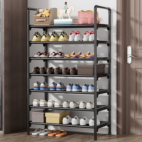 Extra Large Stackable Shoe Rack with 4-Tube Reinforced Steel Frame, High Capacity Shoe Storage Cabinet for Garage Wardrobe Hallway, Sturdy Black Shoe Organizer with Anti-Slip Polished Edges