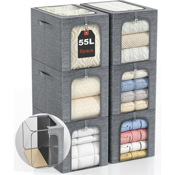 Extra-Large Stackable Storage Bin with Lid and Clear Window, Heavy-Duty Blanket Box  55L, Rectangular, Water-Resistant, Modern Style (6-Pack)