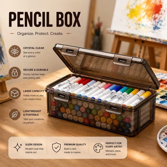 Extra Large Stackable Translucent Plastic Pencil Case Box with Dual Locking Latches, Multipurpose Desk Drawer Organizer for Pens Pencils Markers Erasers Tape Craft Supplies, Black