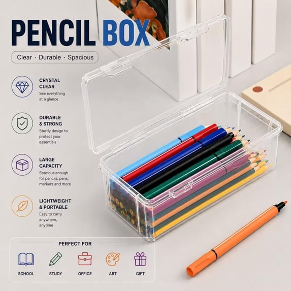 Extra Large Stackable Translucent Plastic Pencil Case Box with Dual Locking Latches, Multipurpose Desk Drawer Organizer for Pens Pencils Markers Erasers Tape Craft Supplies, White